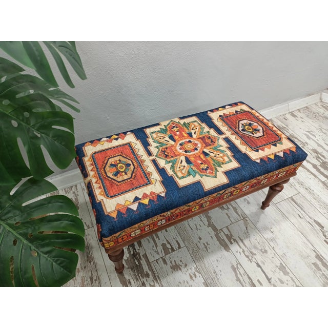 Ink Blue Printed Rug Fabric Upholstered Ottoman Bench For Sale - Image 4 of 10