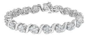 14K White Gold 7 3/8 Cttw Round Brilliant Diamond Floral Cluster and S Link Bracelet (H-I Color, SI2-I1 Clarity) - 7" Inches