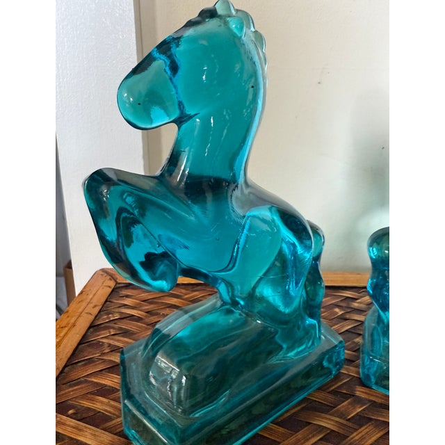 Peacock Blue Glass Rearing Horse Statues From 1940’s Art Deco, a Pair For Sale - Image 4 of 6
