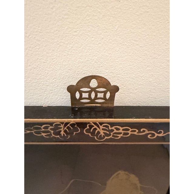 1950s Vintage Asian Chinoiserie Black Lacquer Wall Plaques Art With Mother-of-Pearl Inlay For Sale - Image 5 of 9