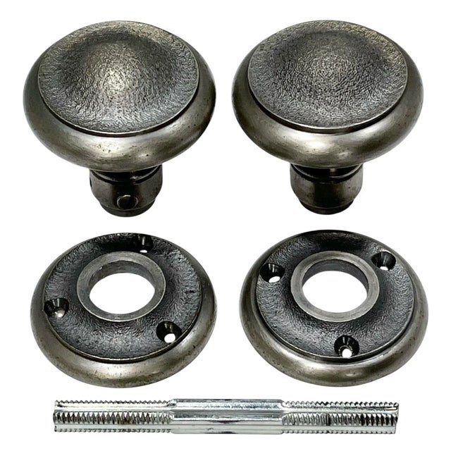 Early 1900s American Art Deco Nickel Plated Door Knobs W/ Rosettes. A Pair. For Sale - Image 6 of 7