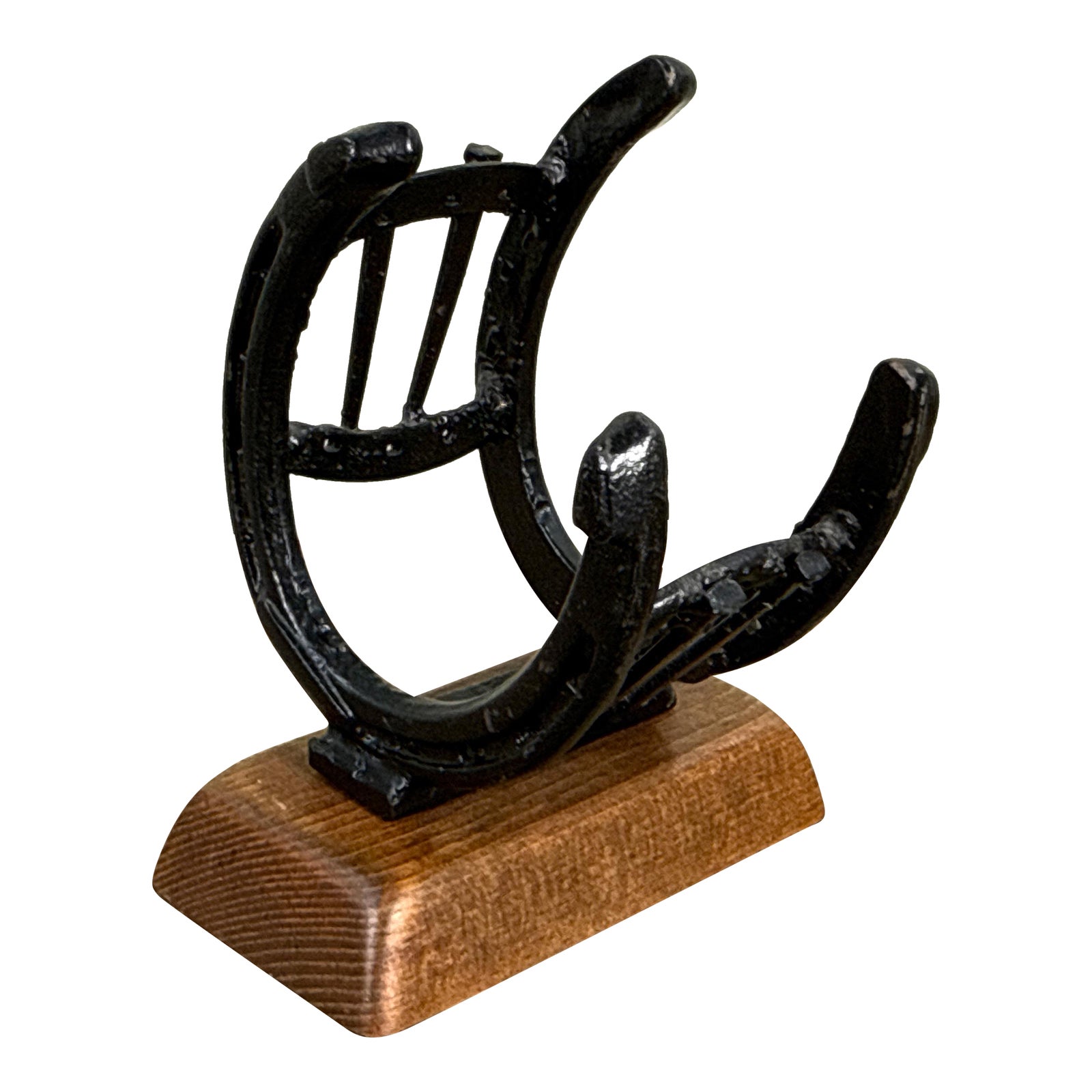 Vintage Equestrian Iron Horseshoe and Nail Wine Bottle Holder on Wood Base
