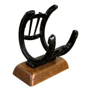 Vintage Equestrian Iron Horseshoe and Nail Wine Bottle Holder on Wood Base