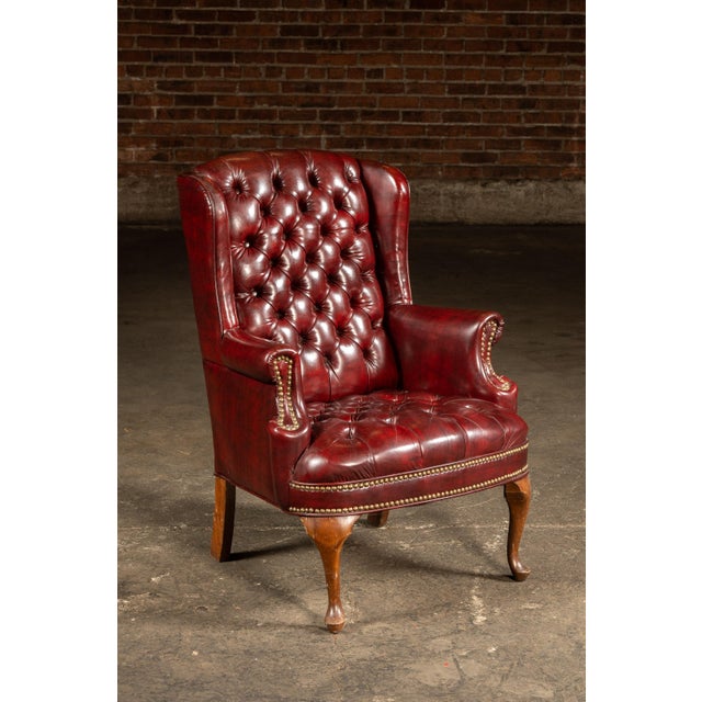 Vintage Tufted Leather Wingback Chesterfield Armchair in Oxblood For Sale - Image 4 of 14