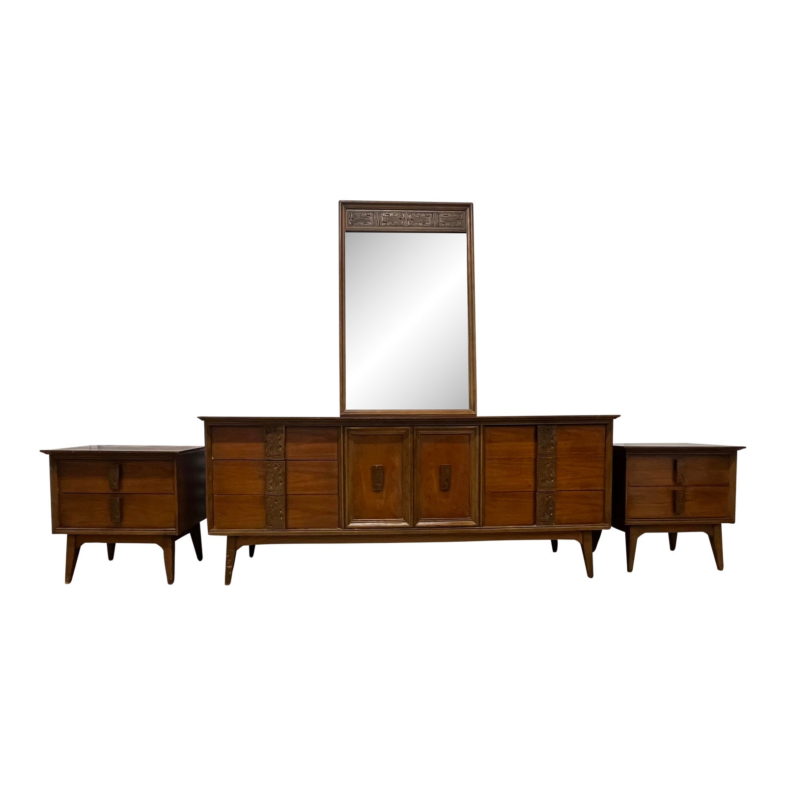 1960s Bassett “Mayan” MidCentury Modern Vintage Long Lowboy Dresser