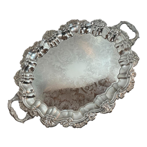Mid 20th Century Silverplated Butler’s Buffet Serving Platter Tray W Handles Ornate