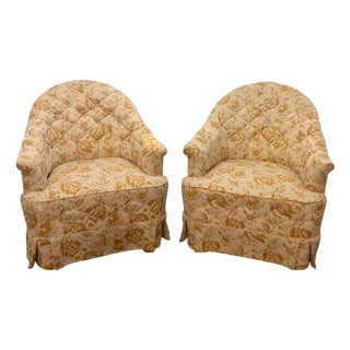 Vintage Mid Century Style Tufted Printed Upholstered Barrel Back Chairs - Pair For Sale
