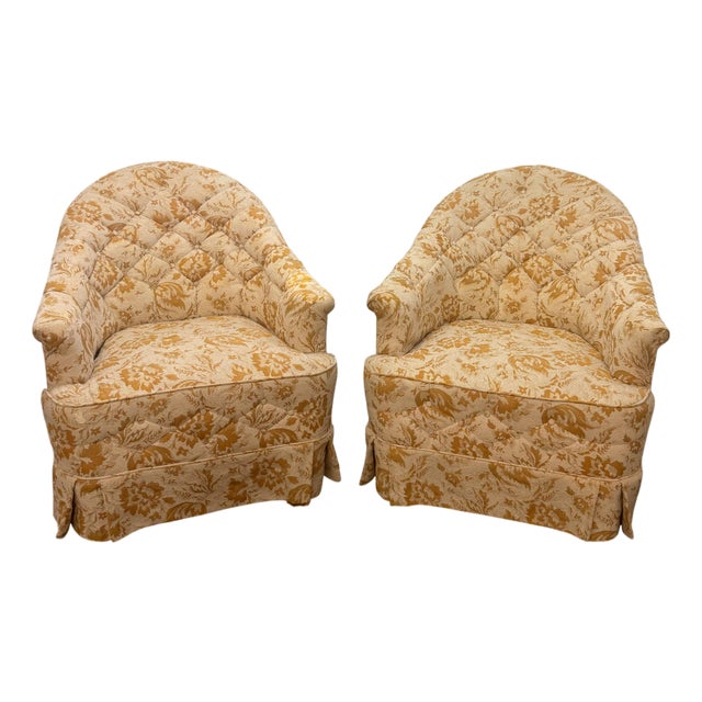 Vintage Mid Century Style Tufted Printed Upholstered Barrel Back Chairs - Pair For Sale