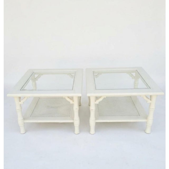 Vintage Mersman Faux Bamboo Cane Palm Beach White Glass Top Side Tables- a Pair For Sale - Image 10 of 11