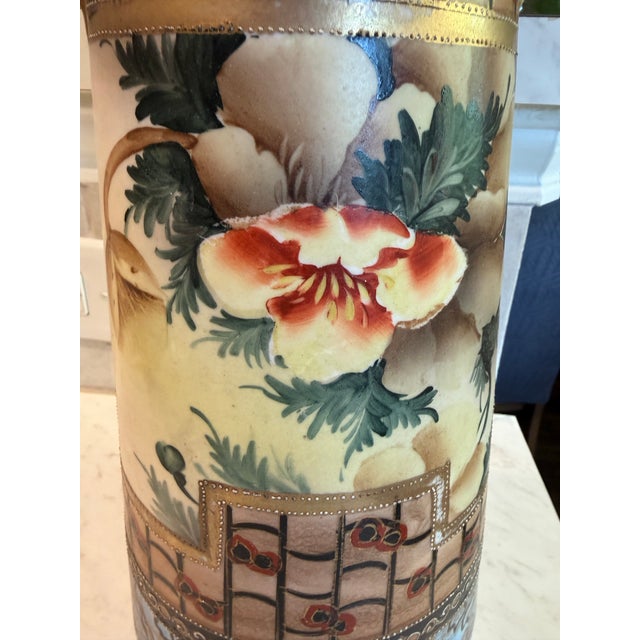 Ceramic Early 20th Century Japanese Royal Nishiki Nippon Hand-Painted Porcelain Poppy Cylinder Vase - 13.5" H For Sale - Image 7 of 12