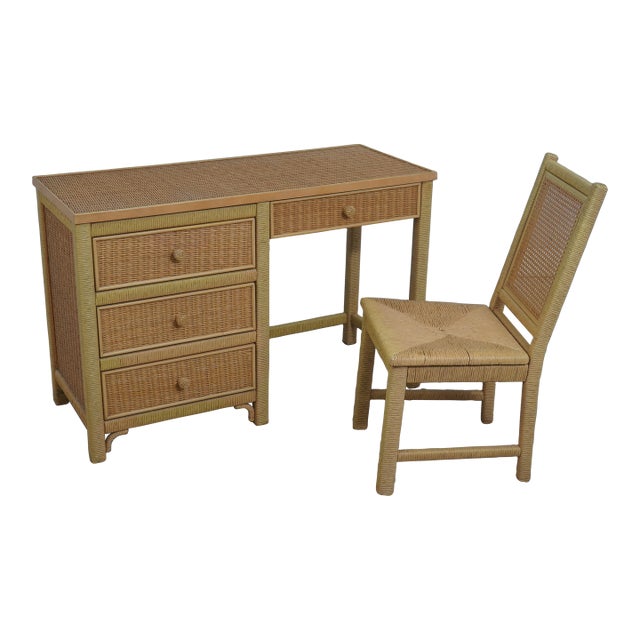 Lexington Henry Link Woven Wicker Writing Desk & Chair For Sale