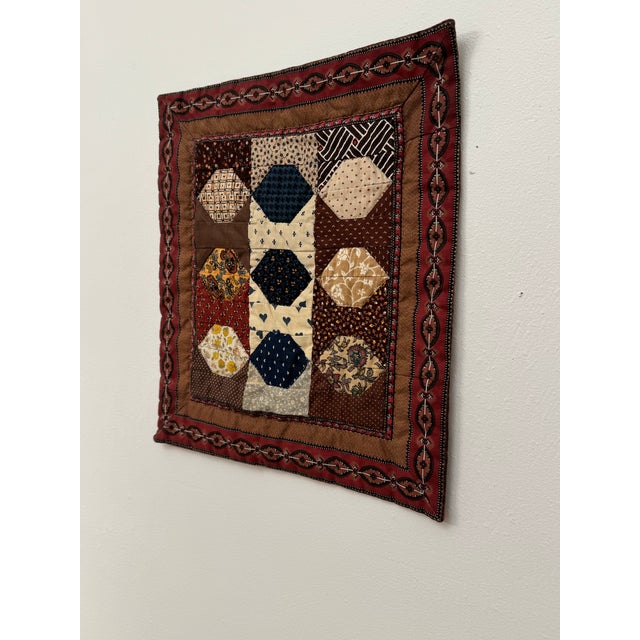 1970s Vintage Traditional Americana Geometric Quilted Textile Art, Brown, Navy, Cream For Sale - Image 5 of 12