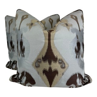 Woven Silk Ikat in Blue/Brown 22" Pillows-a Pair For Sale