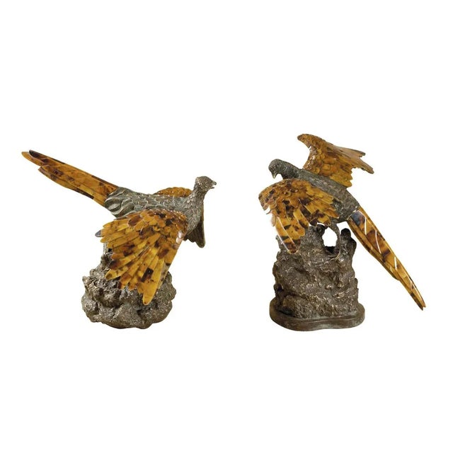 Set of Two Verdigris Brass Patina Birds with Tiger Penshell Inlaid Accents