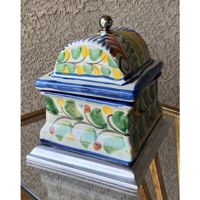 Mexican Colorfully Charming Late 20th-Century Talavera Lidded Box on Pewter Pedestal Base, Mexico For Sale - Image 3 of 11