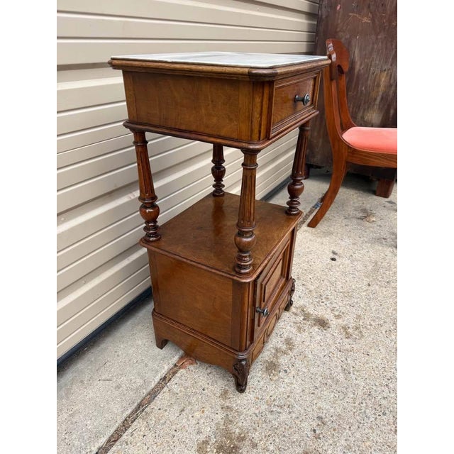 Wood 19th Century Antique French Provincial Style Walnut Marble Top Bedside Table. For Sale - Image 7 of 10
