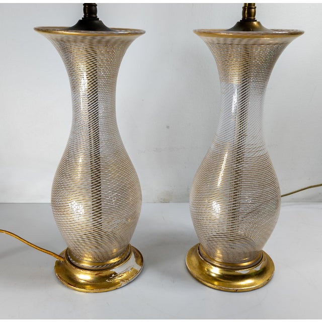 Mid-Century Pair of Italian Murano White and Clear Latticinio Lamps With Gilding For Sale - Image 4 of 12