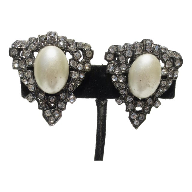 Rhinestone and Faux Pearl Blackened Clip-on Earrings For Sale