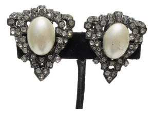 Rhinestone and Faux Pearl Blackened Clip-on Earrings