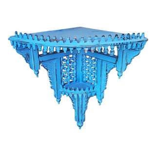 Moroccan Cerulean Blue Wooden Corner Shelf Lm27 For Sale