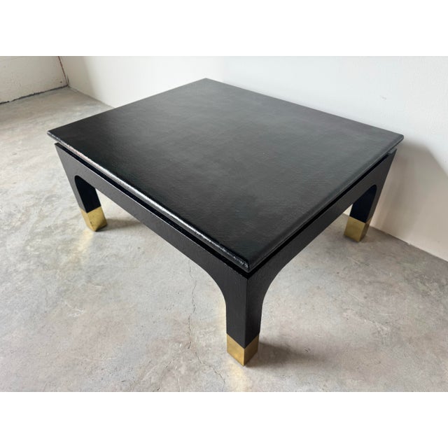 Wood Harrison Van Horn Textured Black Grasscloth Coffee Table With Brass Feet/ Sold For Sale - Image 7 of 12