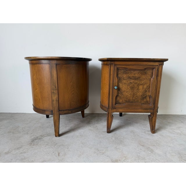 Harold Schwartz for Romweber Demilune Pecan Three-Leg End Tables / Nightstands- A Pair For Sale - Image 9 of 13