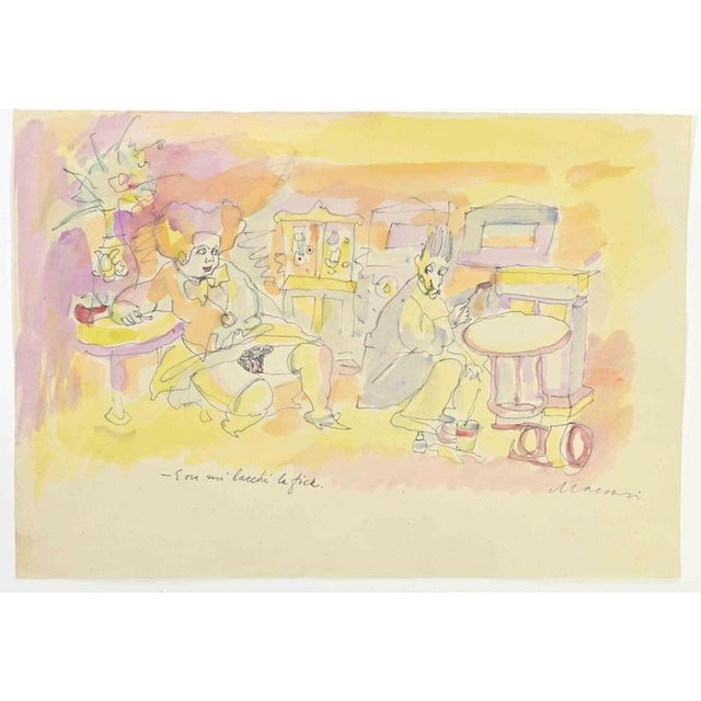 Artist is an ink and watercolor Drawing realized by Mino Maccari (1924-1989) in the 1960s. Hand-signed on the lower. Good...