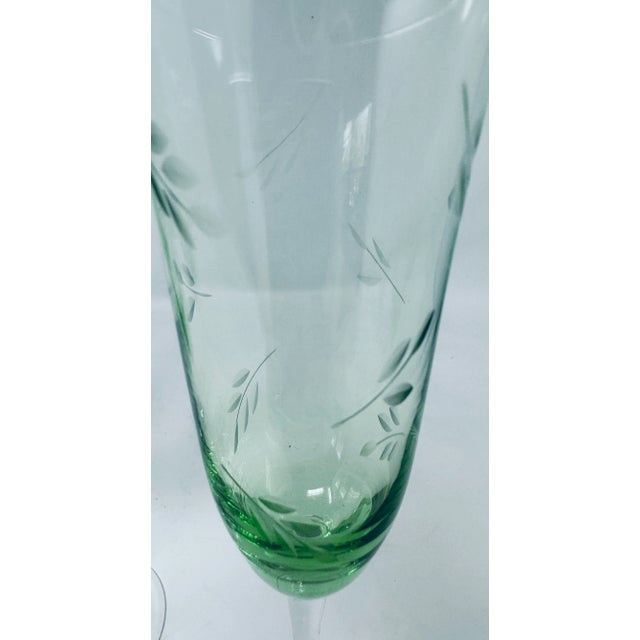 Transparent Vintage Green Colored Glass Champagne Flutes With Etched Floral Leaves a Set of 4 For Sale - Image 8 of 11