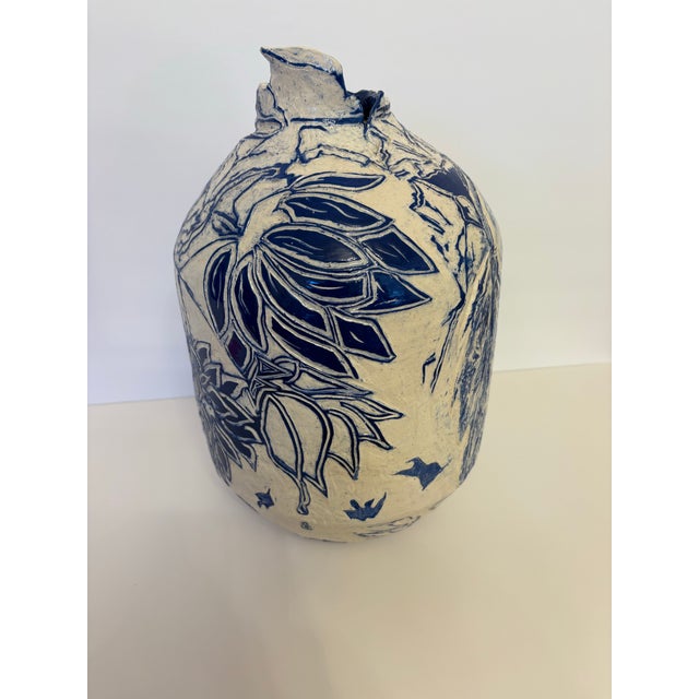 Vintage Abstract Large Blue and White Art Vessel Vase For Sale - Image 4 of 5
