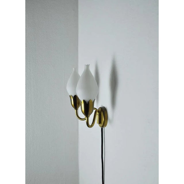 1950s Brass and Opaline Glass 2-Arm Tulip Wall Lamp from Fog & Mørup, 1950s For Sale - Image 5 of 11