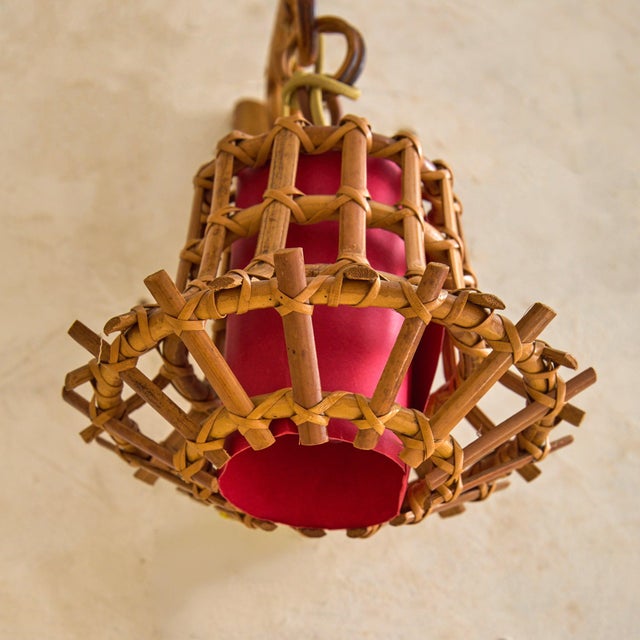 Pair of Italian Rattan + Bamboo Sconces with Red Diffusers, 1970s For Sale - Image 4 of 10
