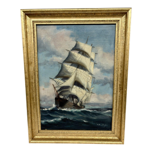 T. Bailey “Full Sail Ship at Sea” Oil Painting in Gilt Frame – 12.5” X 17”