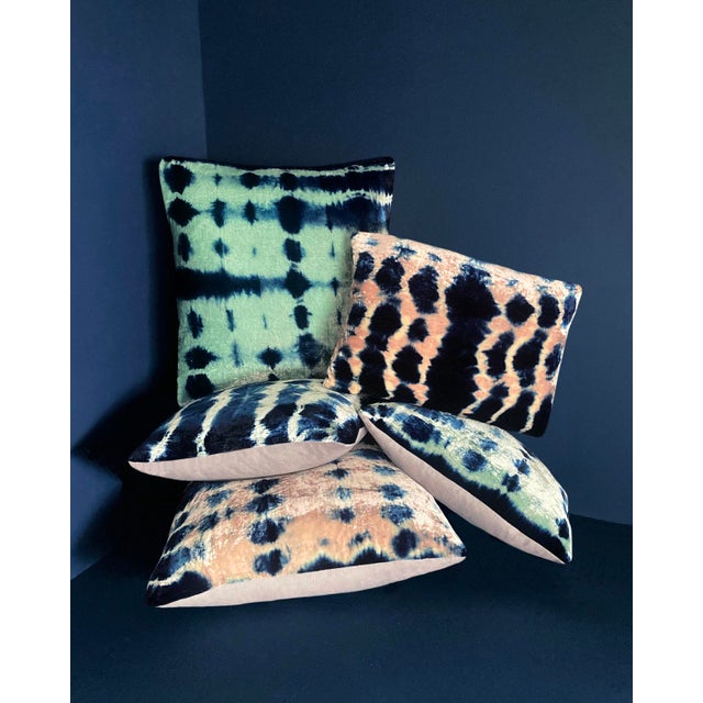 2020s Hand Dyed Silk Velvet Pillow, Jade Green & Indigo Blue Inkblot Abstract Pattern For Sale - Image 5 of 6
