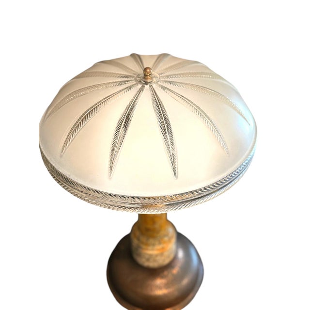 Art Deco French Inspired Alabaster Hammered Copper & Frosted Glass Dome Table Lamp, Circa 1930s For Sale - Image 12 of 14
