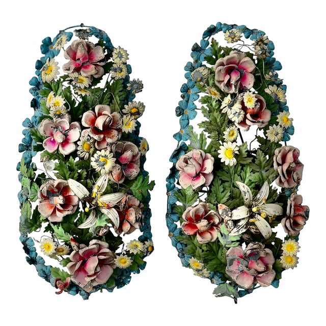 Italian Tole Floral Wall Sculptures, Pair, Circa 1950 For Sale