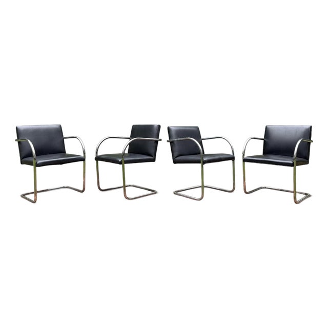 Set of 4 Mies Van Der Rohe Brno Tubular Chairs for Knoll — Chrome & Leather For Sale
