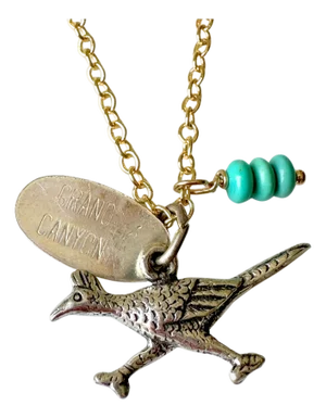 Mid 20th Century Arizona Grand Canyon Road Runner Sterling Silver Vintage Charm on New 18 Inch Gold Filled Necklace