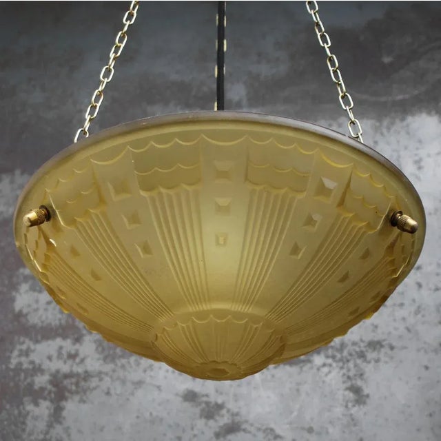 Goldenrod French Art Deco Brass and Etched Ochre Glass Pendant Light, 1920s For Sale - Image 8 of 10