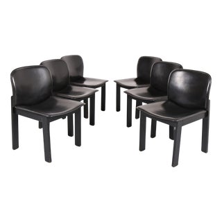 Wood & Black Leather Dining Chairs in the style of Afra & Tobia Scarpa, Set of 6 For Sale