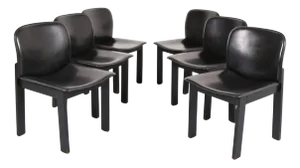 Wood & Black Leather Dining Chairs in the style of Afra & Tobia Scarpa, Set of 6