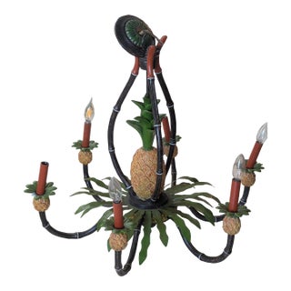 Vintage British Colonial Pineapple & Faux Bamboo Chandelier — Artist-Repainted by Anne Yates Burst, Indies Landing, Winter Park Fl For Sale