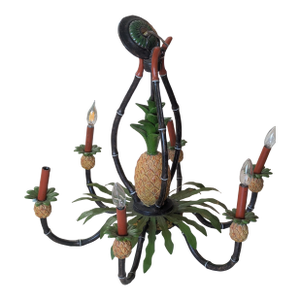 Vintage British Colonial Pineapple & Faux Bamboo Chandelier — Artist-Repainted by Anne Yates Burst, Indies Landing, Winter Park Fl