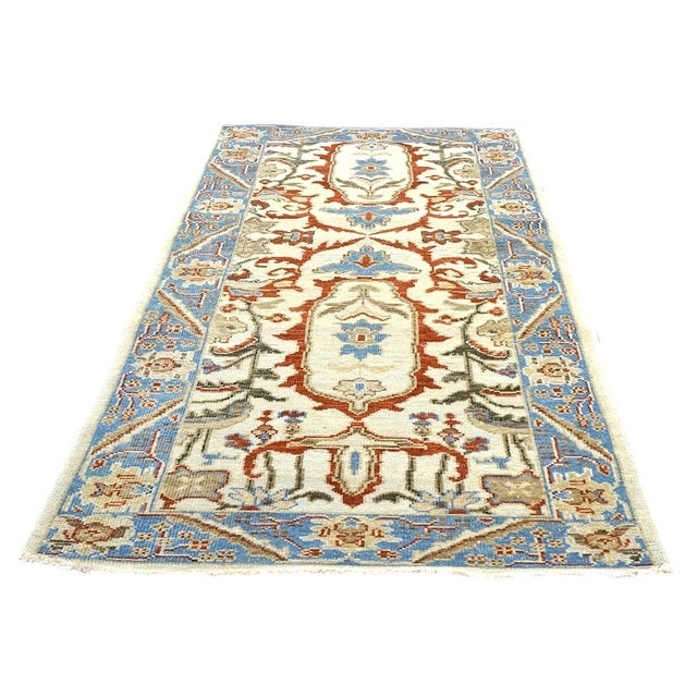 Afghan Sultanabad Master Wool 3x6 Ivory, Blue, & Red Handmade Runner Rug #1143761 For Sale - Image 4 of 6