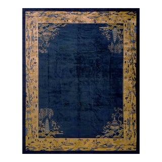 1920s Navy Open Field With Traditional Motif Repertoire of Chinese Peking Rug For Sale