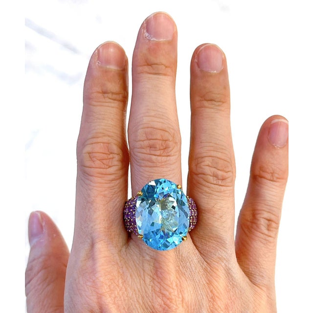 Bochic "Orient" Vintage Blue Topaz & Pink Sapphire Cocktail Ring 18K Gold & Silver, Size 7 For Sale - Image 11 of 18