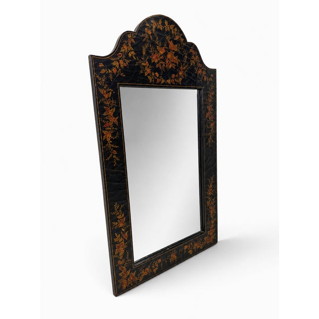 Vintage Chinoiserie Style Black Lacquer Hand-Painted Floral Mirror For Sale - Image 4 of 12