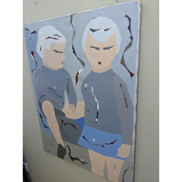 Blue Mid-Century Modern "The Pair" Swedish Abstract Figurative Oil Painting by Hans Osswald, Unframed For Sale - Image 8 of 11