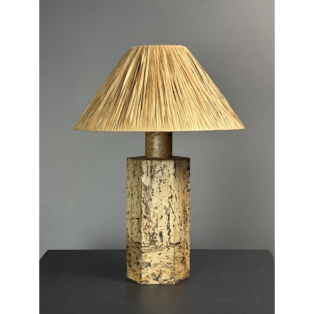 Ingo Maurer Mid-Century Boho Cork Table Lamp with Raffia Shade in the style of Ingo Maurer, 1970s For Sale - Image 4 of 18