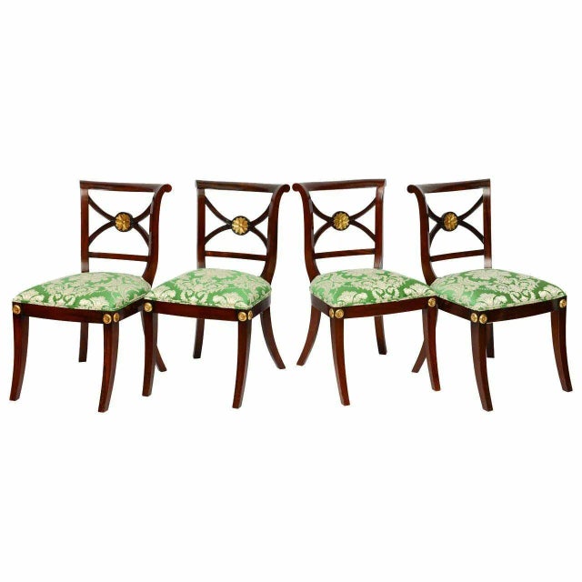Green Regency Klismos Chairs, 19th C. Refined Highly Carved Gilt Details - Set of 4 For Sale - Image 8 of 8
