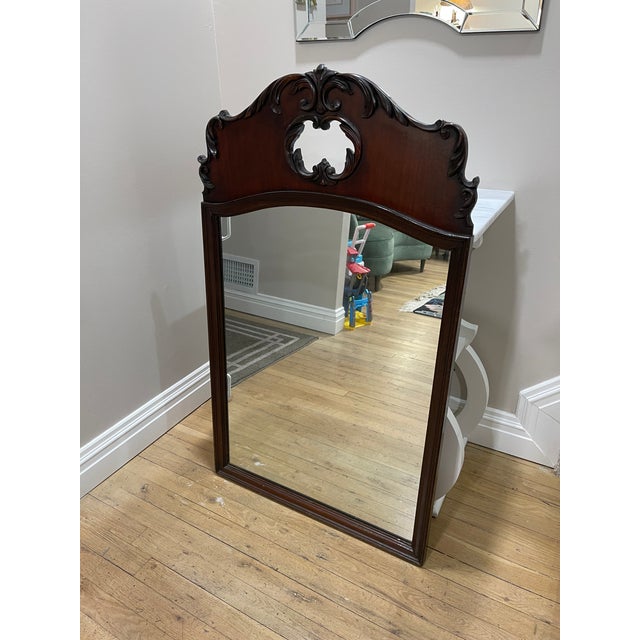 1910s Vintage Antique Dark Walnut Carved Top Wall Mirror For Sale - Image 4 of 7
